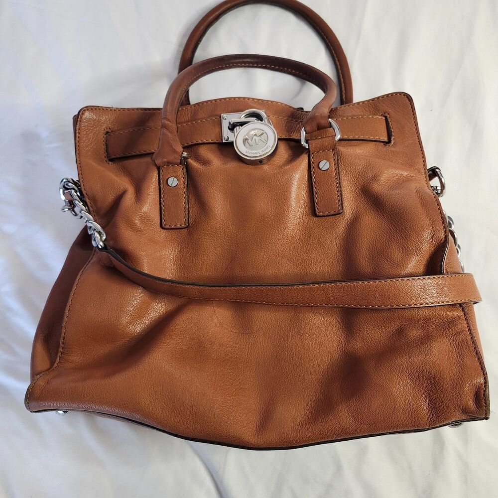 Michael Kors Hamilton Satchel Tote Cognac Leather Silver Lock Chain Bag Y2K